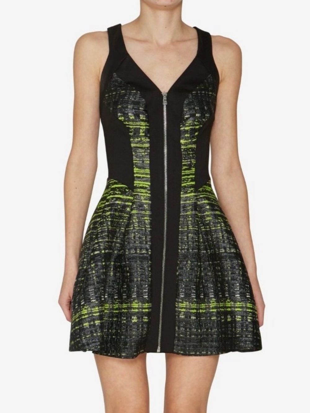 ROBERT RODRIGUEZ | Black Green Zip Front Grid Print Jacquard Mini Dress Sz. 2